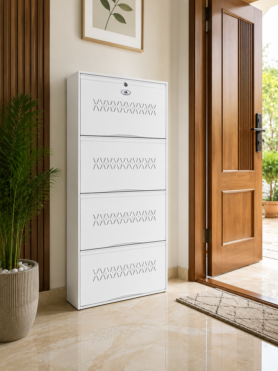 Shoe Cave 4-Door Metal Shoe Rack Cabinet | Full White | Lockable Shoe Organizer | Space Saving Shoe Storage Cabinet | Stores 12-16 Pairs