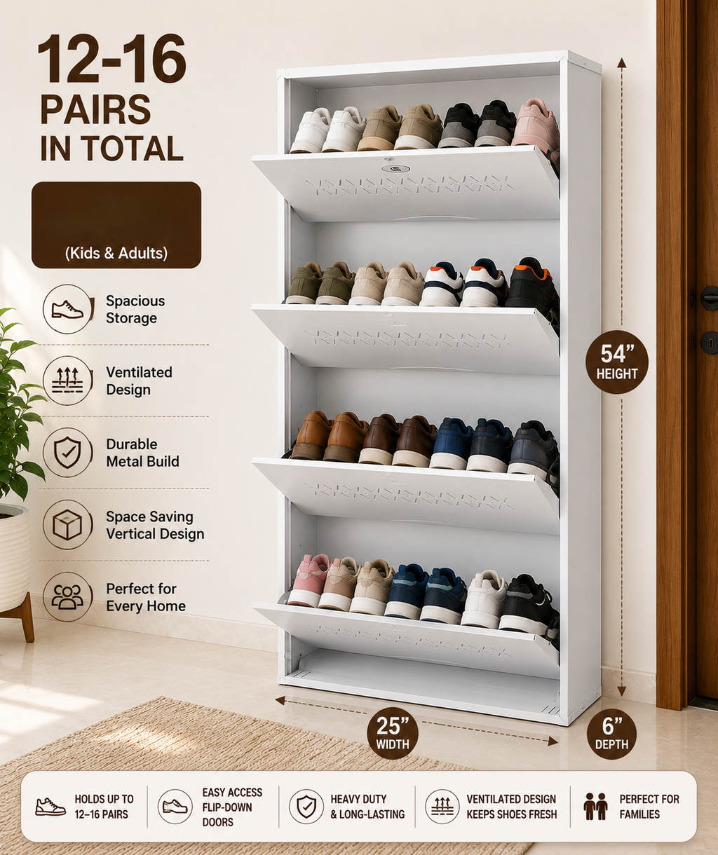 Shoe Cave 4-Door Metal Shoe Rack Cabinet | Full White | Lockable Shoe Organizer | Space Saving Shoe Storage Cabinet | Stores 12-16 Pairs