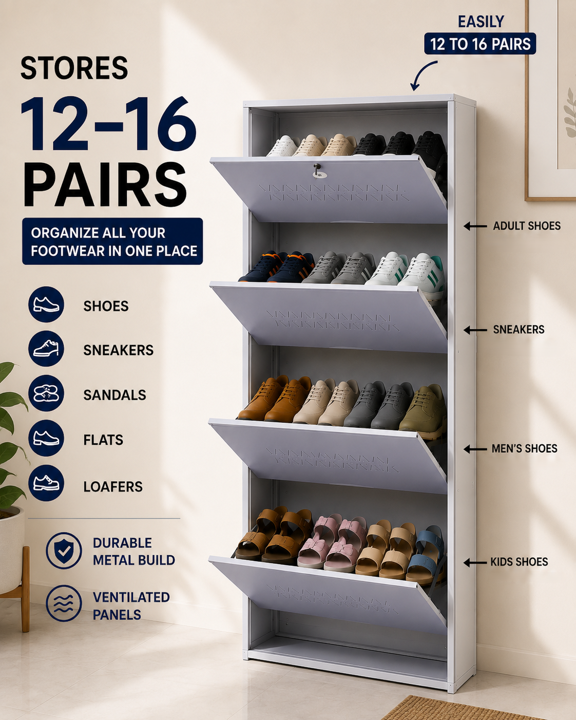 Shoe Cave 4-Door Metal Shoe Rack Cabinet | Grey & White | Lockable Shoe Organizer | Space Saving Shoe Storage Cabinet | Stores 12-16 Pairs