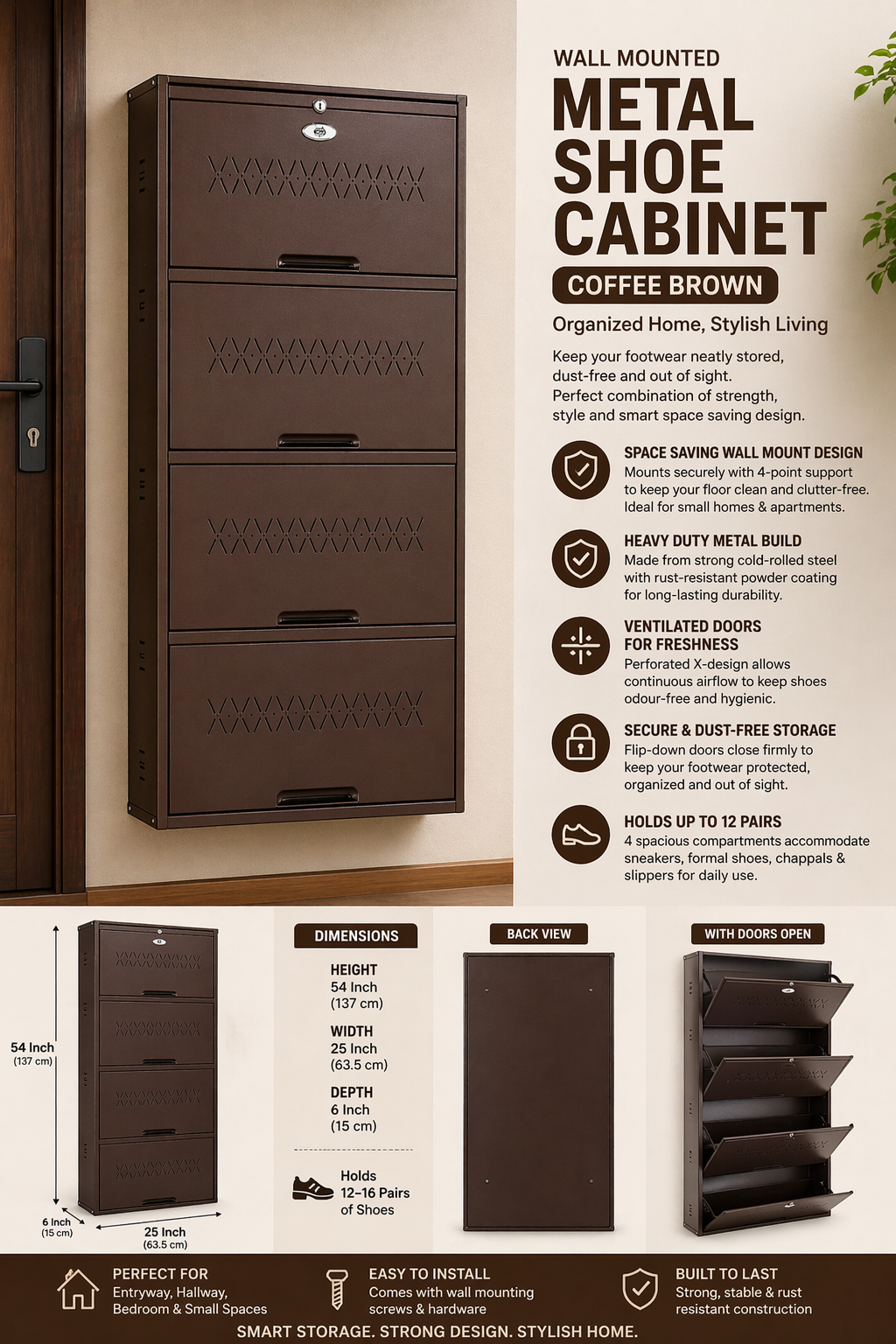 Shoe Cave 4-Door Metal Shoe Rack Cabinet | Coffee Brown | Lockable Shoe Organizer | Space Saving Shoe Storage Cabinet | Stores 12-16 Pairs