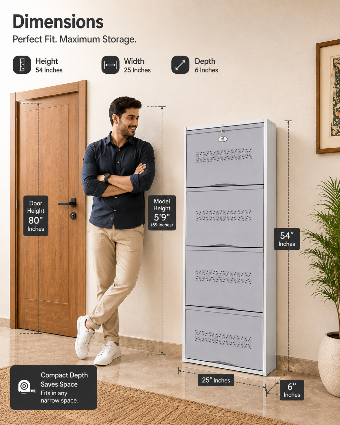 Shoe Cave 4-Door Metal Shoe Rack Cabinet | Grey & White | Lockable Shoe Organizer | Space Saving Shoe Storage Cabinet | Stores 12-16 Pairs