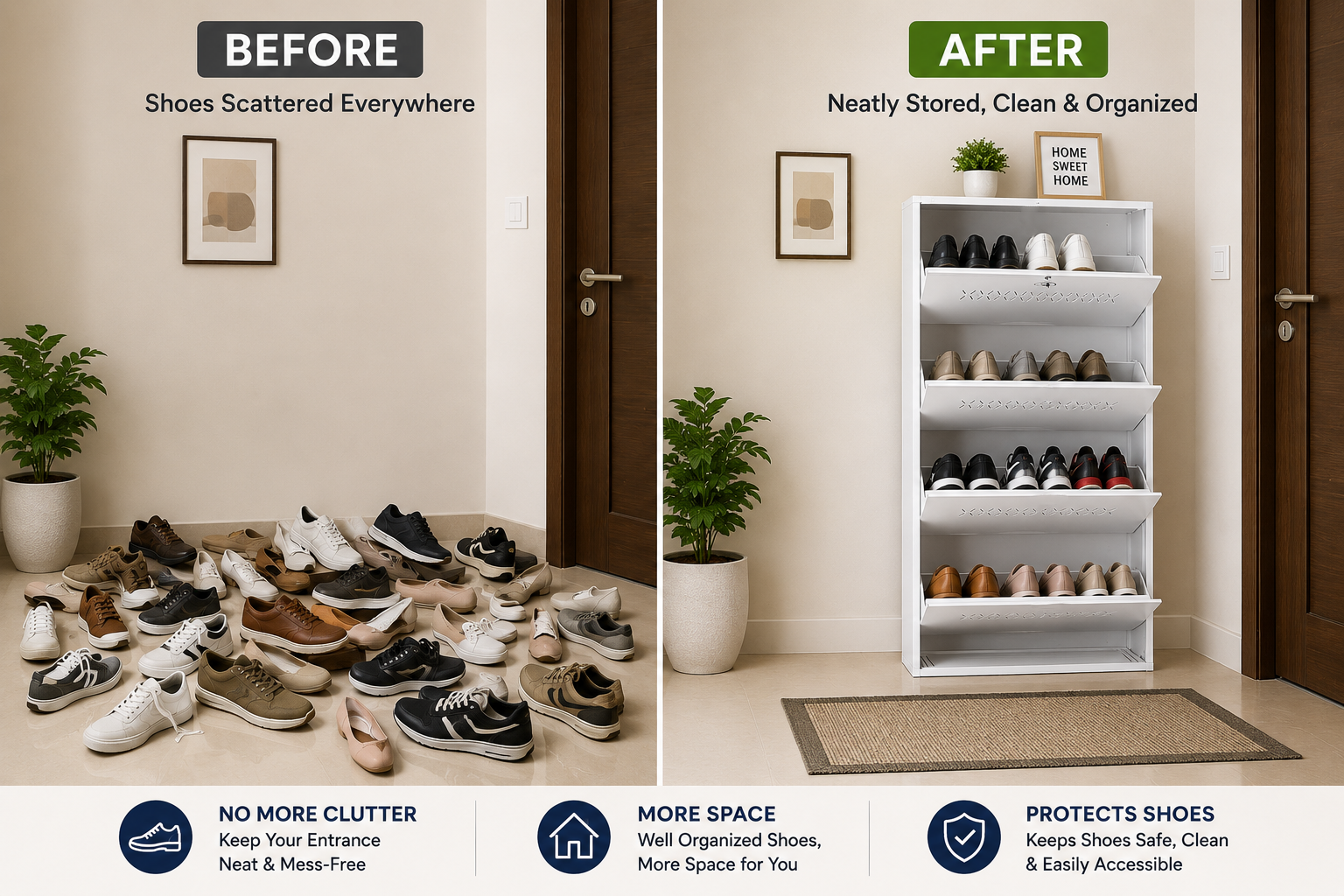 Shoe Cave 4-Door Metal Shoe Rack Cabinet | Full White | Lockable Shoe Organizer | Space Saving Shoe Storage Cabinet | Stores 12-16 Pairs
