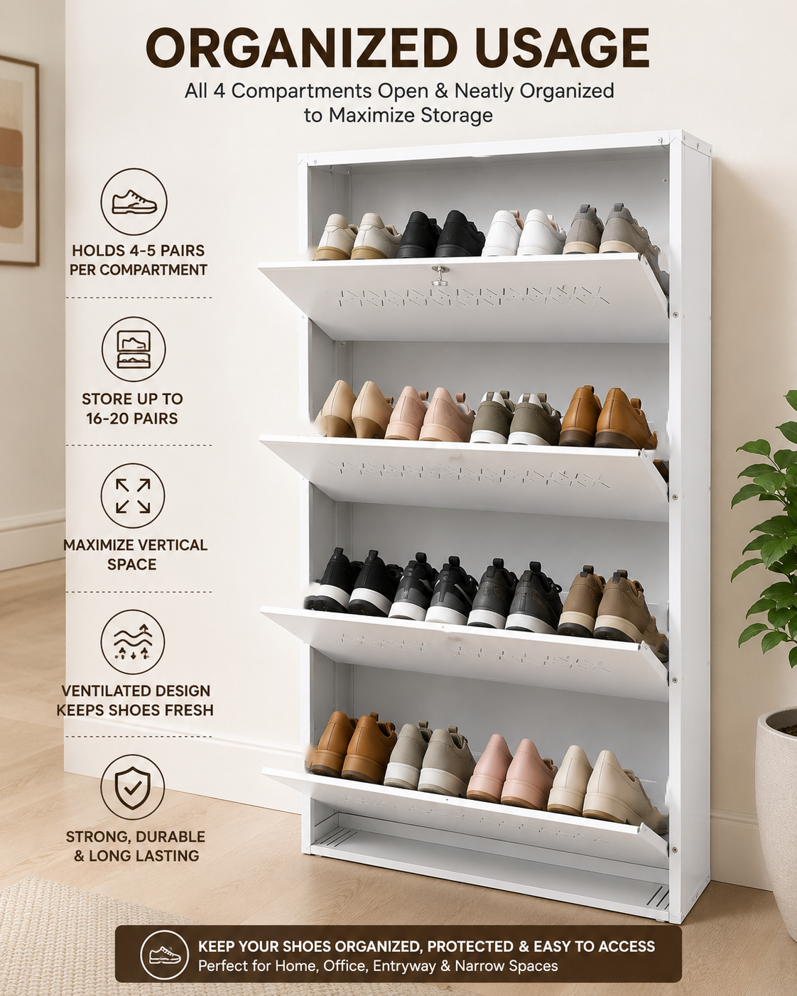 Shoe Cave 4-Door Metal Shoe Rack Cabinet | Full White | Lockable Shoe Organizer | Space Saving Shoe Storage Cabinet | Stores 12-16 Pairs