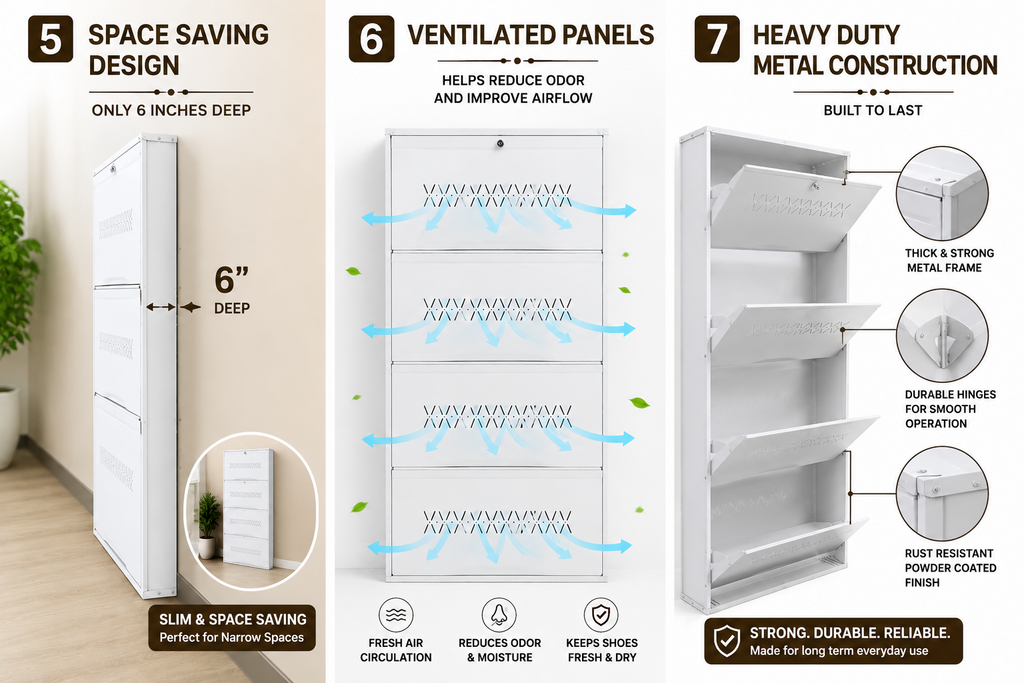 Shoe Cave 4-Door Metal Shoe Rack Cabinet | Full White | Lockable Shoe Organizer | Space Saving Shoe Storage Cabinet | Stores 12-16 Pairs