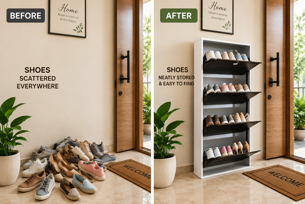 Shoe Cave 4-Door Metal Shoe Rack Cabinet | Black & White | Lockable Shoe Organizer | Space Saving Shoe Storage Cabinet | Stores 12-16 Pairs