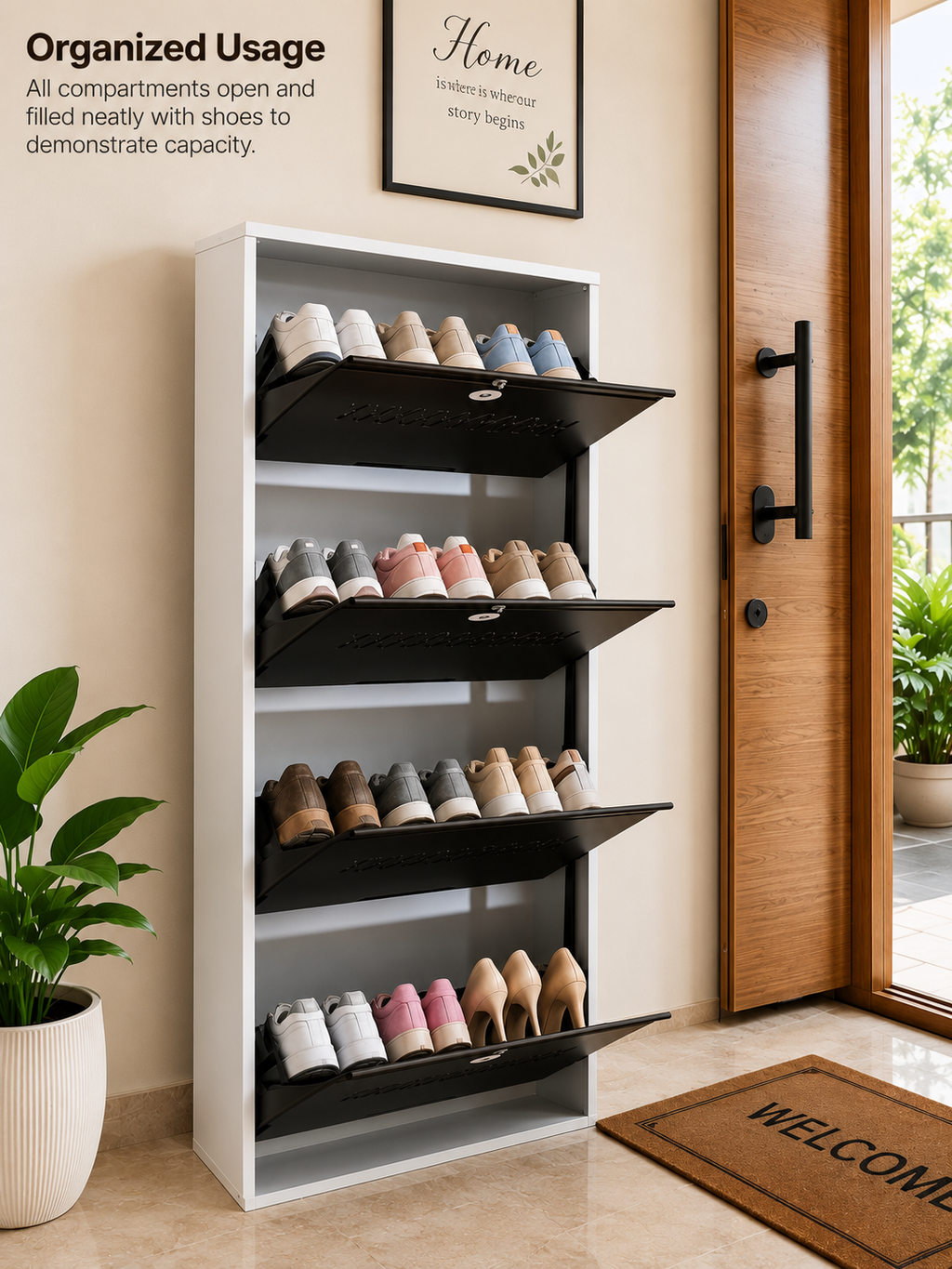 Shoe Cave 4-Door Metal Shoe Rack Cabinet | Black & White | Lockable Shoe Organizer | Space Saving Shoe Storage Cabinet | Stores 12-16 Pairs