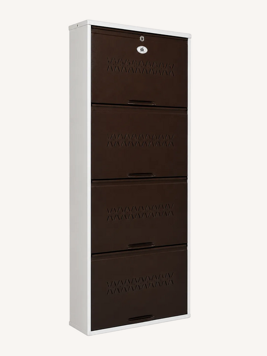 Shoe Cave 4-Door Metal Shoe Rack Cabinet | Black & White | Lockable Shoe Organizer | Space Saving Shoe Storage Cabinet | Stores 12-16 Pairs