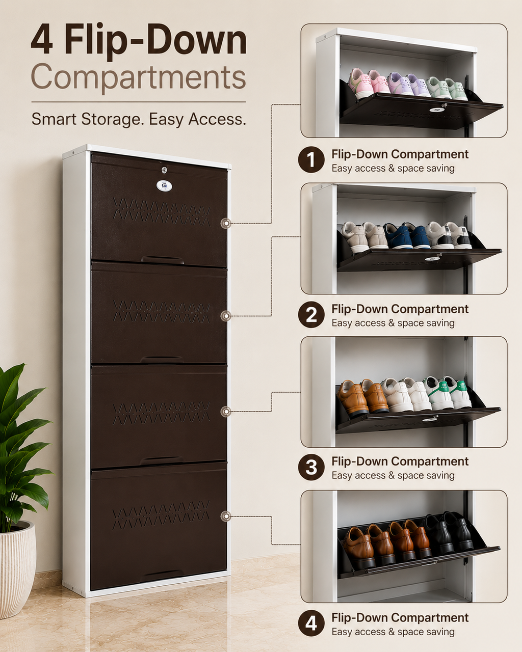 Shoe Cave 4-Door Metal Shoe Rack Cabinet | Black & White | Lockable Shoe Organizer | Space Saving Shoe Storage Cabinet | Stores 12-16 Pairs
