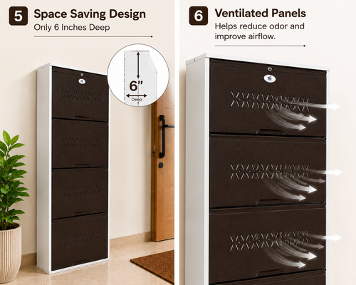 Shoe Cave 4-Door Metal Shoe Rack Cabinet | Black & White | Lockable Shoe Organizer | Space Saving Shoe Storage Cabinet | Stores 12-16 Pairs