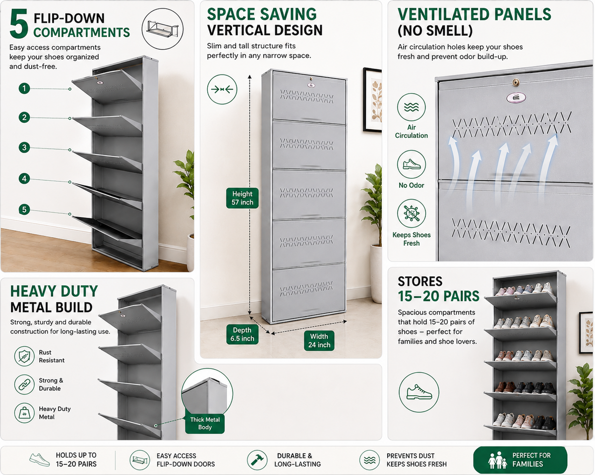 Shoe Cave 5-Door Metal Shoe Rack Cabinet | Grey & White | Lockable Shoe Organizer | Space Saving Shoe Storage Cabinet | Stores 15-20 Pairs