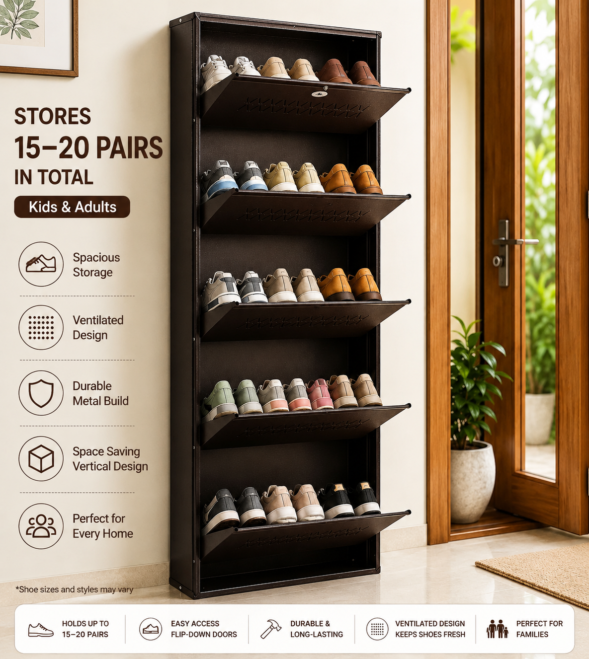 Shoe Cave 5-Door Metal Shoe Rack Cabinet | Coffee Brown | Lockable Shoe Organizer | Space Saving Shoe Storage Cabinet | Stores 15-20 Pairs