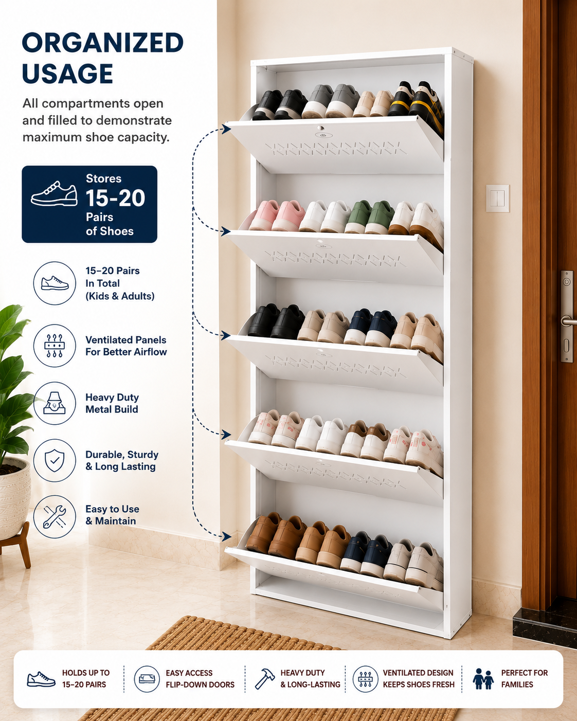 Shoe Cave 5-Door Metal Shoe Rack Cabinet | Full White | Lockable Shoe Organizer | Space Saving Shoe Storage Cabinet | Stores 15-20 Pairs