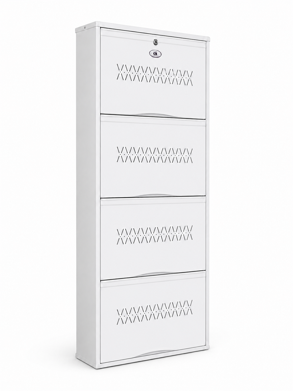 Shoe Cave 4-Door Metal Shoe Rack Cabinet | Full White | Lockable Shoe Organizer | Space Saving Shoe Storage Cabinet | Stores 12-16 Pairs