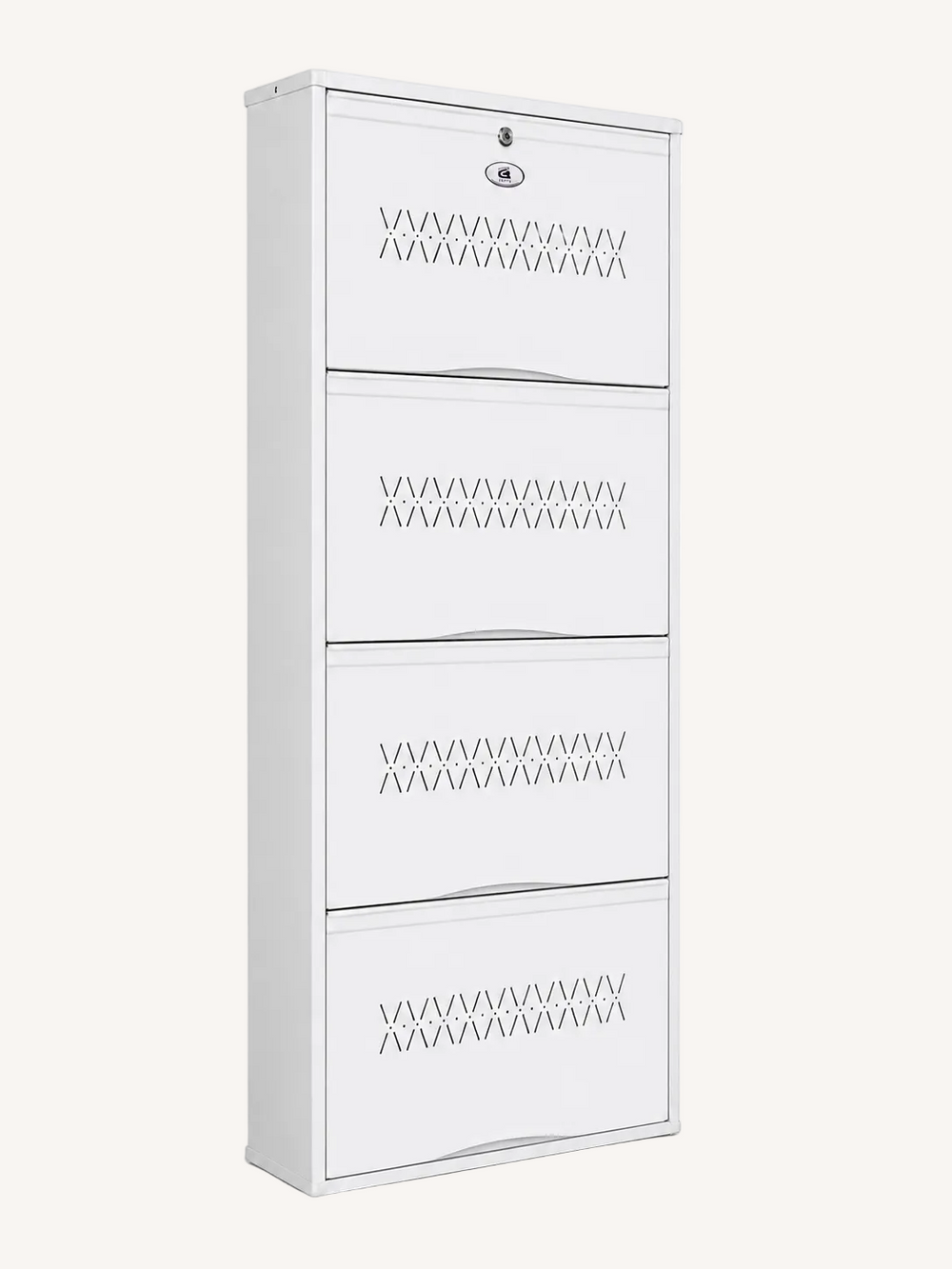 Shoe Cave 4-Door Metal Shoe Rack Cabinet | Full White | Lockable Shoe Organizer | Space Saving Shoe Storage Cabinet | Stores 12-16 Pairs