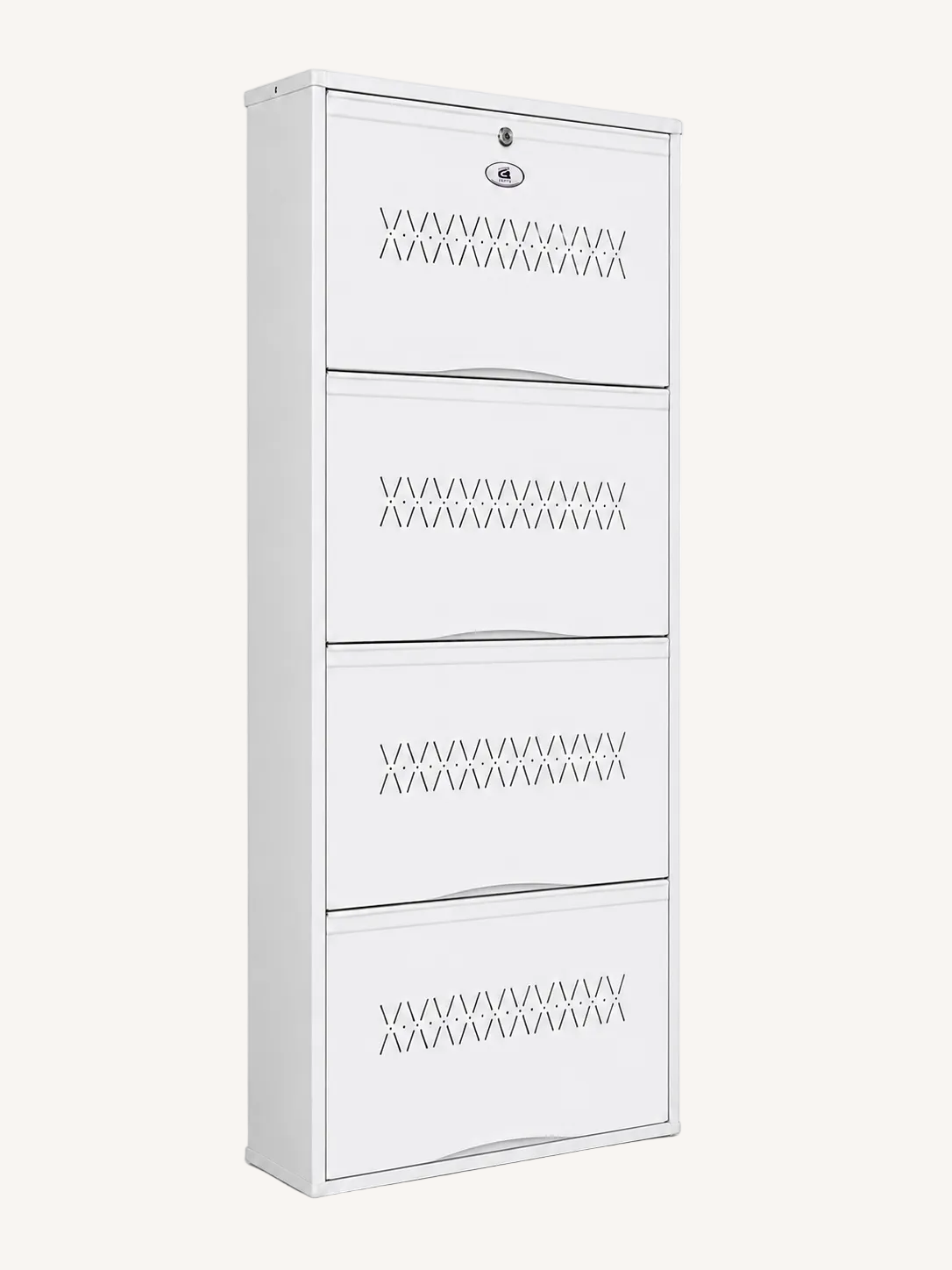 Shoe Cave 4-Door Metal Shoe Rack Cabinet | Full White | Lockable Shoe Organizer | Space Saving Shoe Storage Cabinet | Stores 12-16 Pairs