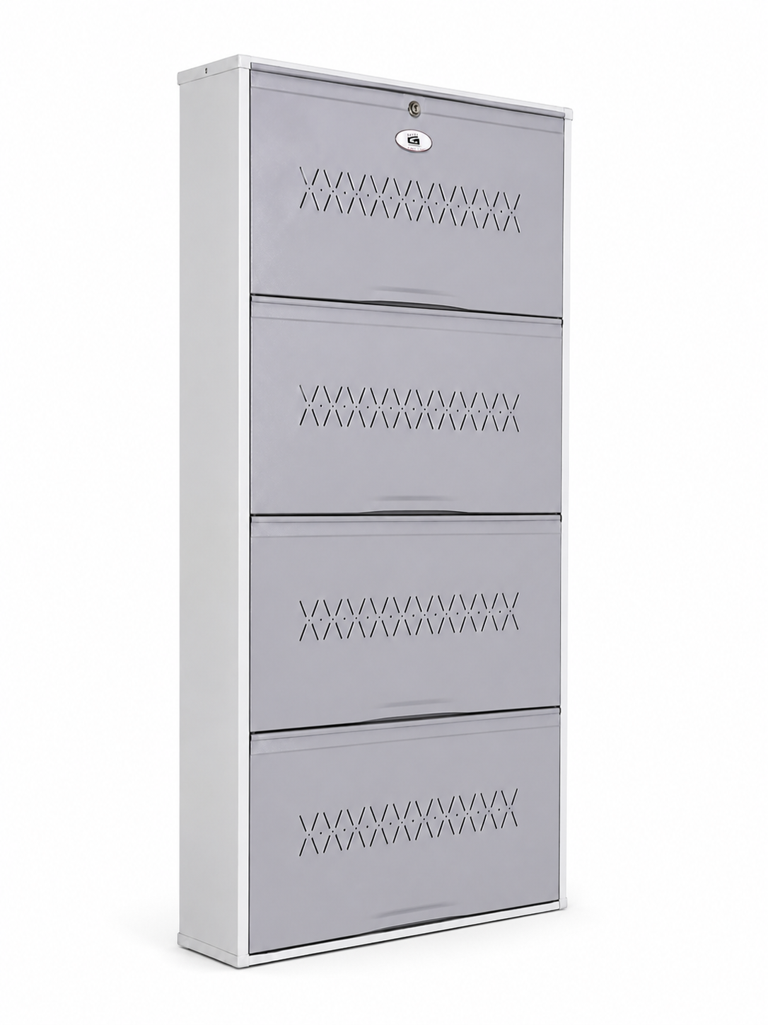 Shoe Cave 4-Door Metal Shoe Rack Cabinet | Grey & White | Lockable Shoe Organizer | Space Saving Shoe Storage Cabinet | Stores 12-16 Pairs