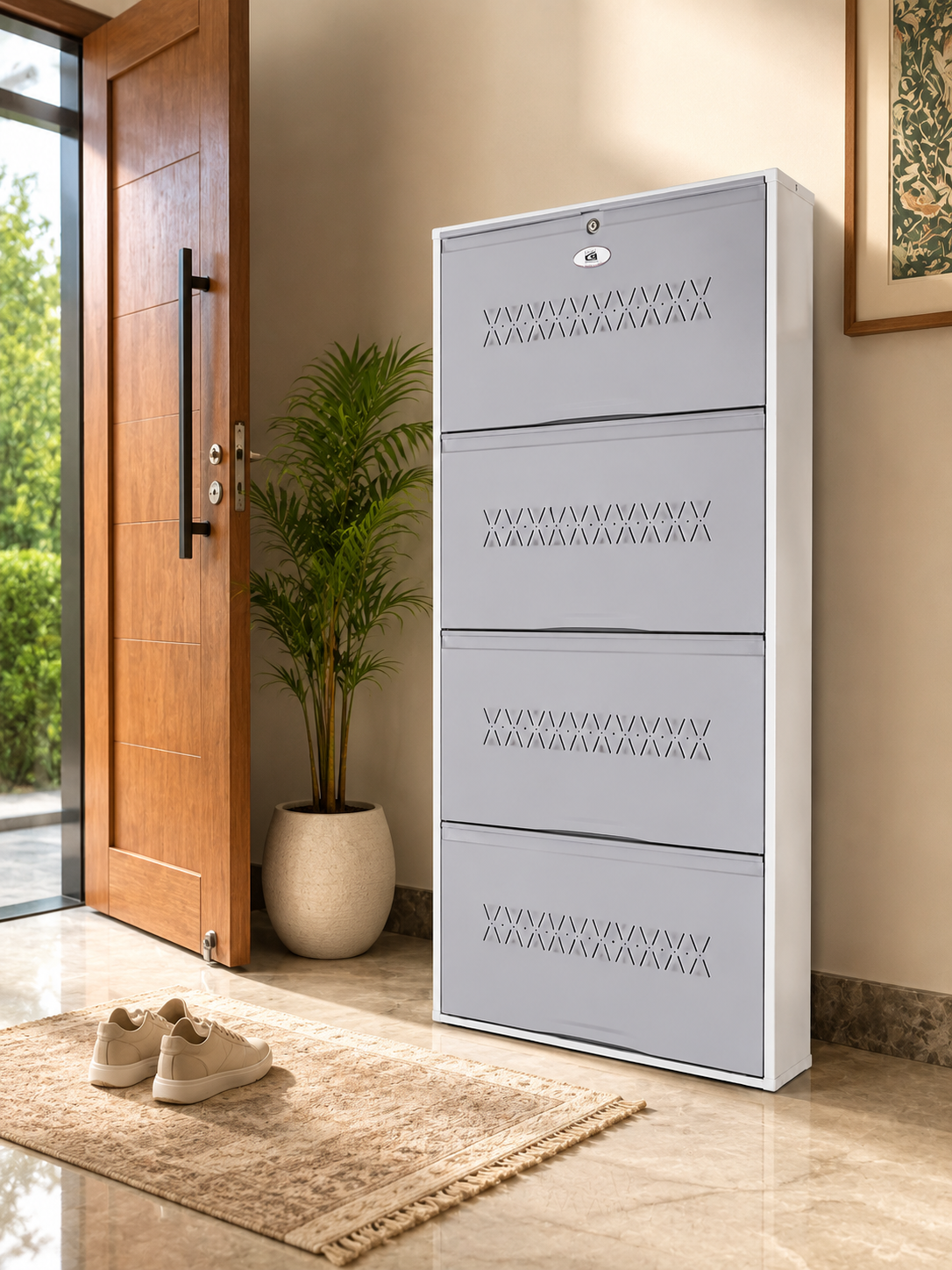 Shoe Cave 4-Door Metal Shoe Rack Cabinet | Grey & White | Lockable Shoe Organizer | Space Saving Shoe Storage Cabinet | Stores 12-16 Pairs