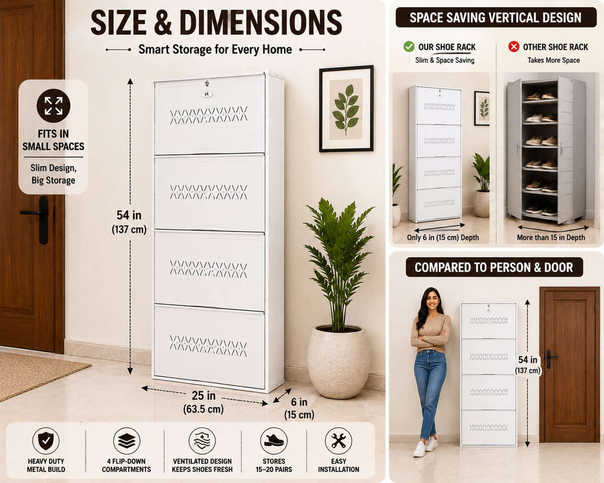Shoe Cave 4-Door Metal Shoe Rack Cabinet | Full White | Lockable Shoe Organizer | Space Saving Shoe Storage Cabinet | Stores 12-16 Pairs