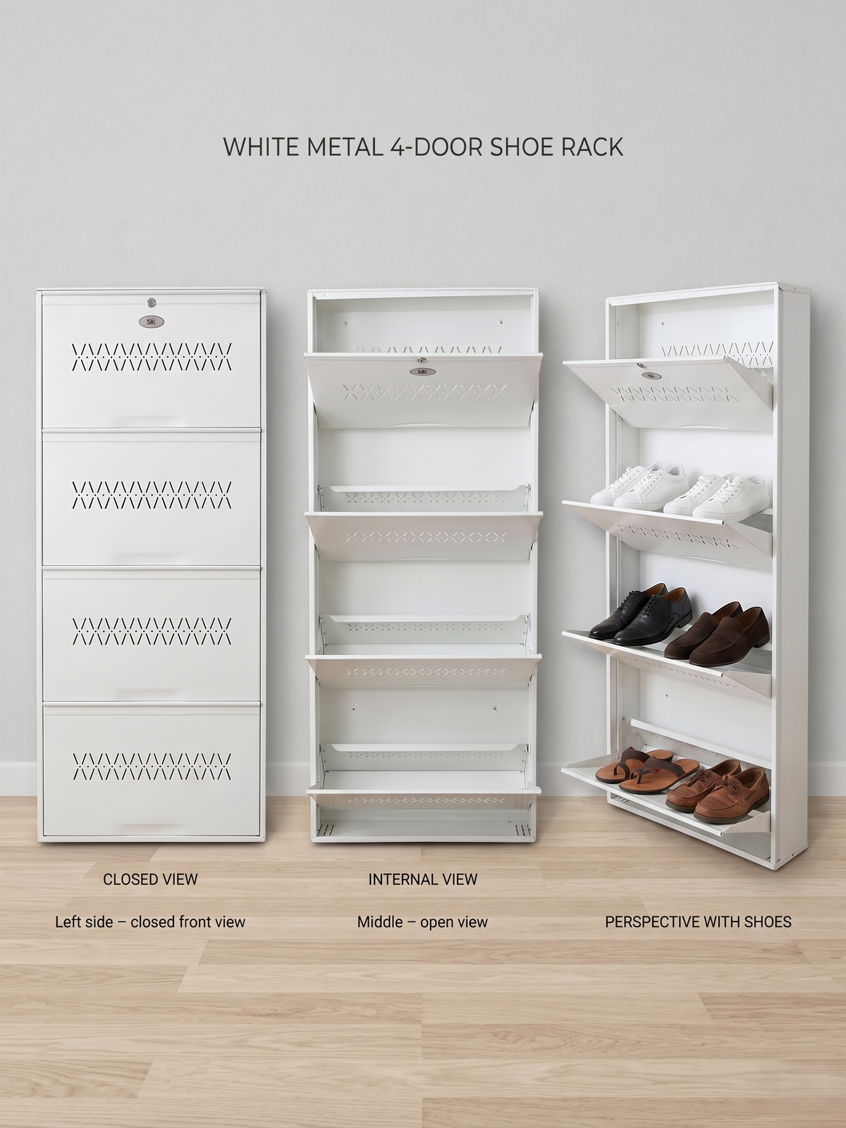 Shoe Cave 4-Door Metal Shoe Rack Cabinet | Full White | Lockable Shoe Organizer | Space Saving Shoe Storage Cabinet | Stores 12-16 Pairs