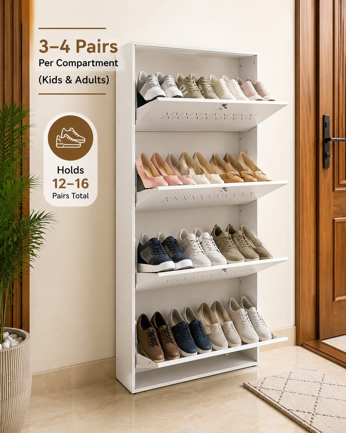 Shoe Cave 4-Door Metal Shoe Rack Cabinet | Black & White | Lockable Shoe Organizer | Space Saving Shoe Storage Cabinet | Stores 12-16 Pairs