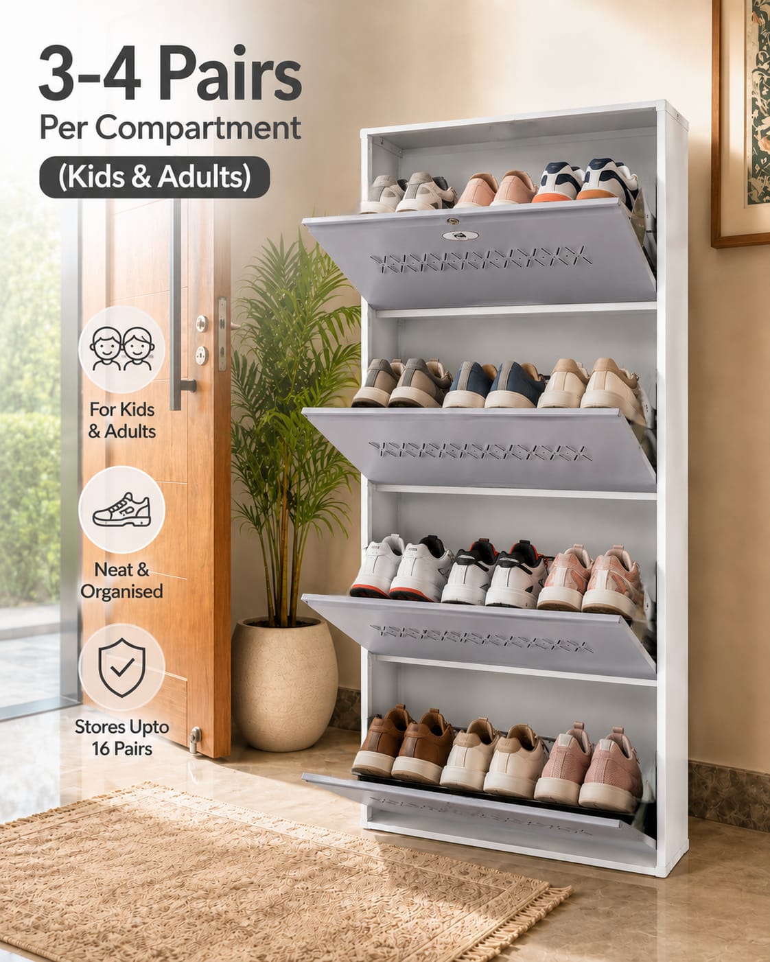 Shoe Cave 4-Door Metal Shoe Rack Cabinet | Grey & White | Lockable Shoe Organizer | Space Saving Shoe Storage Cabinet | Stores 12-16 Pairs
