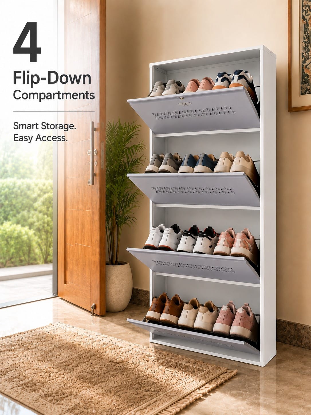 Shoe Cave 4-Door Metal Shoe Rack Cabinet | Grey & White | Lockable Shoe Organizer | Space Saving Shoe Storage Cabinet | Stores 12-16 Pairs