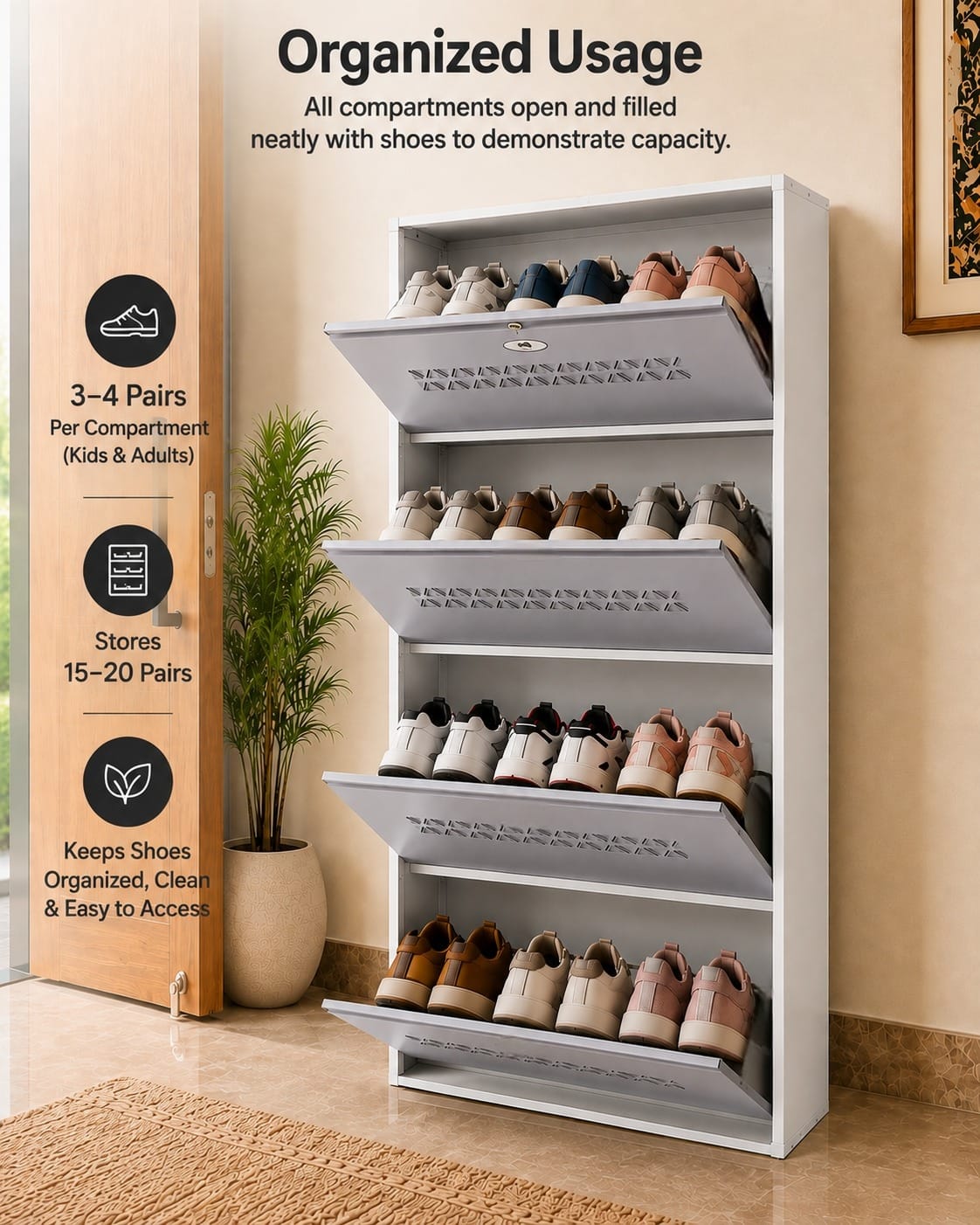 Shoe Cave 4-Door Metal Shoe Rack Cabinet | Grey & White | Lockable Shoe Organizer | Space Saving Shoe Storage Cabinet | Stores 12-16 Pairs