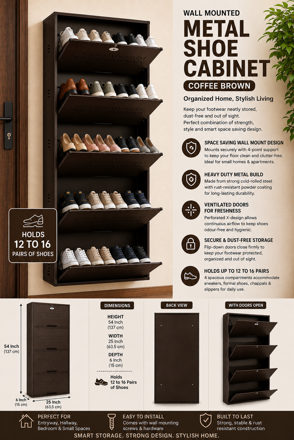 Shoe Cave 4-Door Metal Shoe Rack Cabinet – Coffee Brown | Lockable Shoe Organizer | Space Saving Shoe Storage Cabinet | Stores 12-16 Pairs