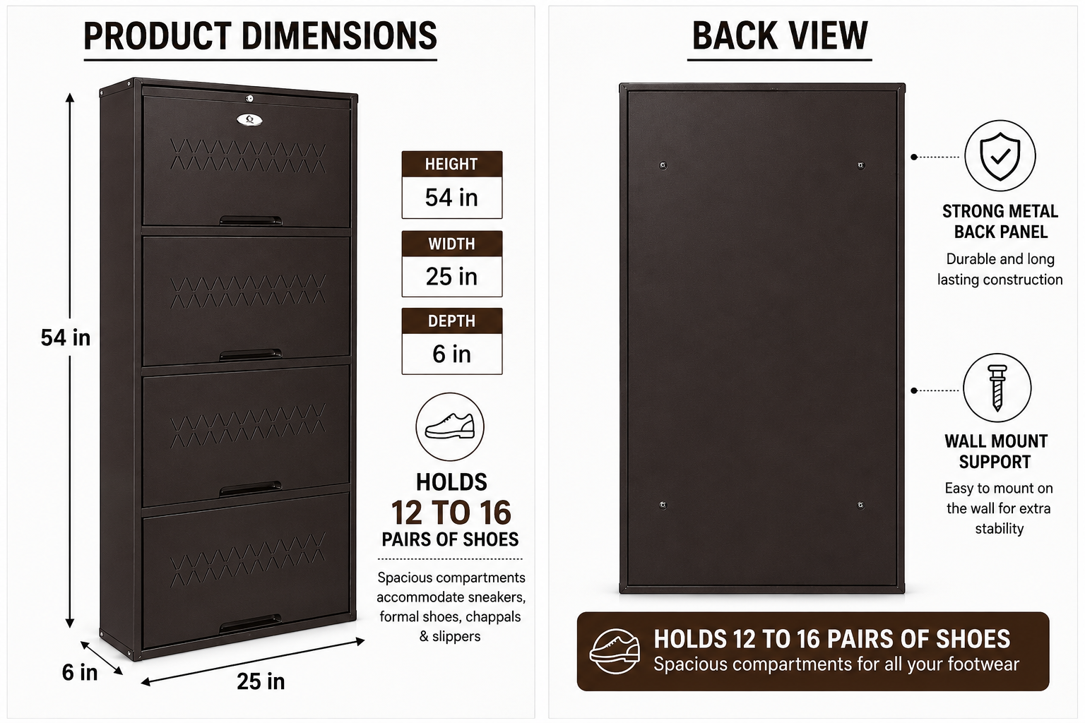 Shoe Cave 4-Door Metal Shoe Rack Cabinet | Coffee Brown | Lockable Shoe Organizer | Space Saving Shoe Storage Cabinet | Stores 12-16 Pairs