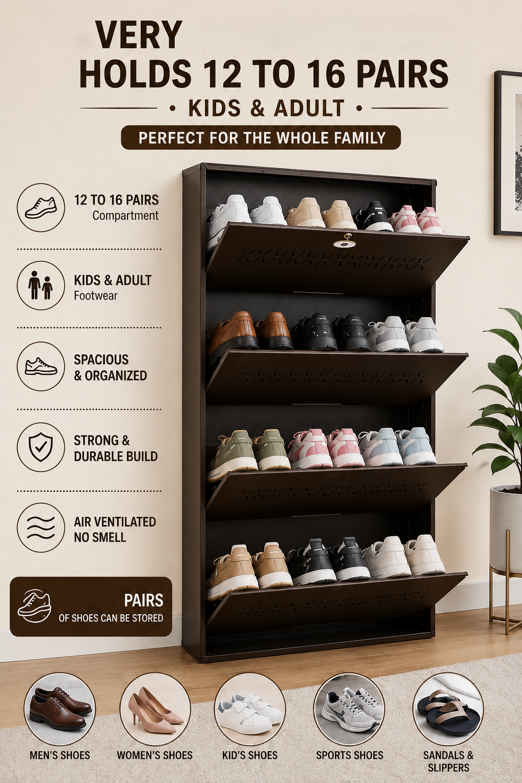 Shoe Cave 4-Door Metal Shoe Rack Cabinet | Coffee Brown | Lockable Shoe Organizer | Space Saving Shoe Storage Cabinet | Stores 12-16 Pairs