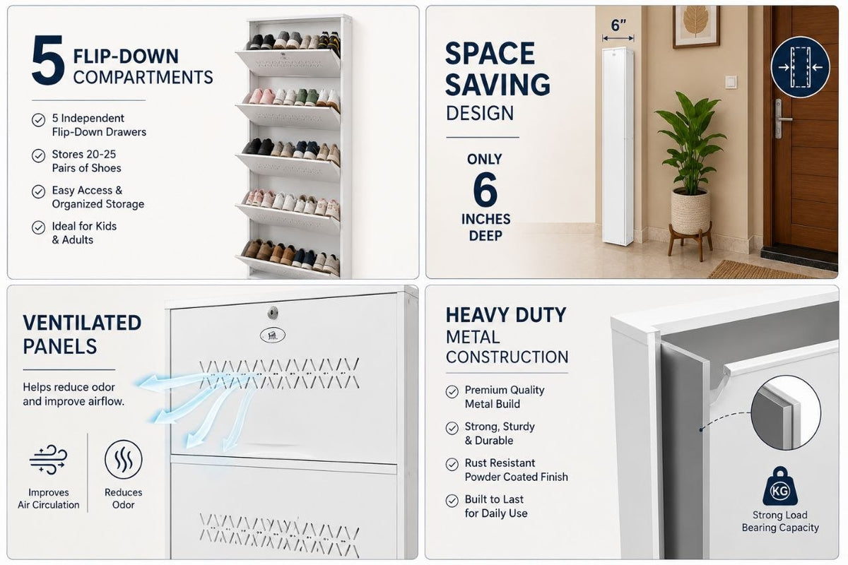 Shoe Cave 5-Door Metal Shoe Rack Cabinet | Full White | Lockable Shoe Organizer | Space Saving Shoe Storage Cabinet | Stores 15-20 Pairs