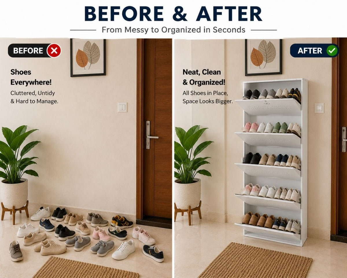 Shoe Cave 5-Door Metal Shoe Rack Cabinet | Full White | Lockable Shoe Organizer | Space Saving Shoe Storage Cabinet | Stores 15-20 Pairs