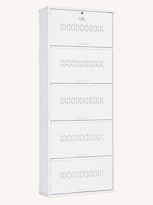 Shoe Cave 5-Door Metal Shoe Rack Cabinet | Full White | Lockable Shoe Organizer | Space Saving Shoe Storage Cabinet | Stores 15-20 Pairs