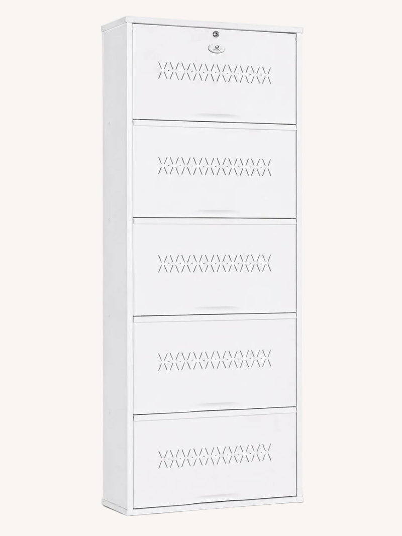 Shoe Cave 5-Door Metal Shoe Rack Cabinet | Full White | Lockable Shoe Organizer | Space Saving Shoe Storage Cabinet | Stores 15-20 Pairs