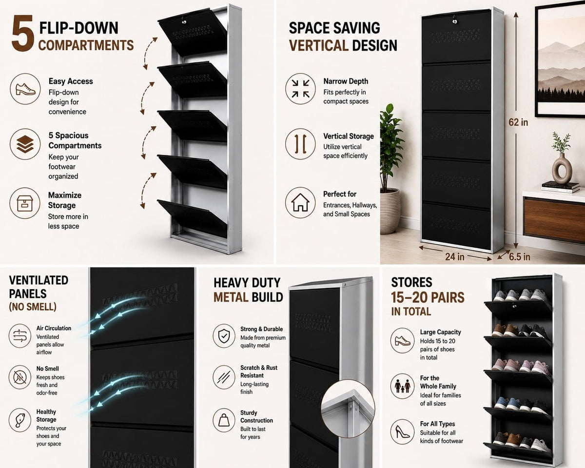 Shoe Cave 5-Door Metal Shoe Rack Cabinet | Black & White | Lockable Shoe Organizer | Space Saving Shoe Storage Cabinet | Stores 15-20 Pairs