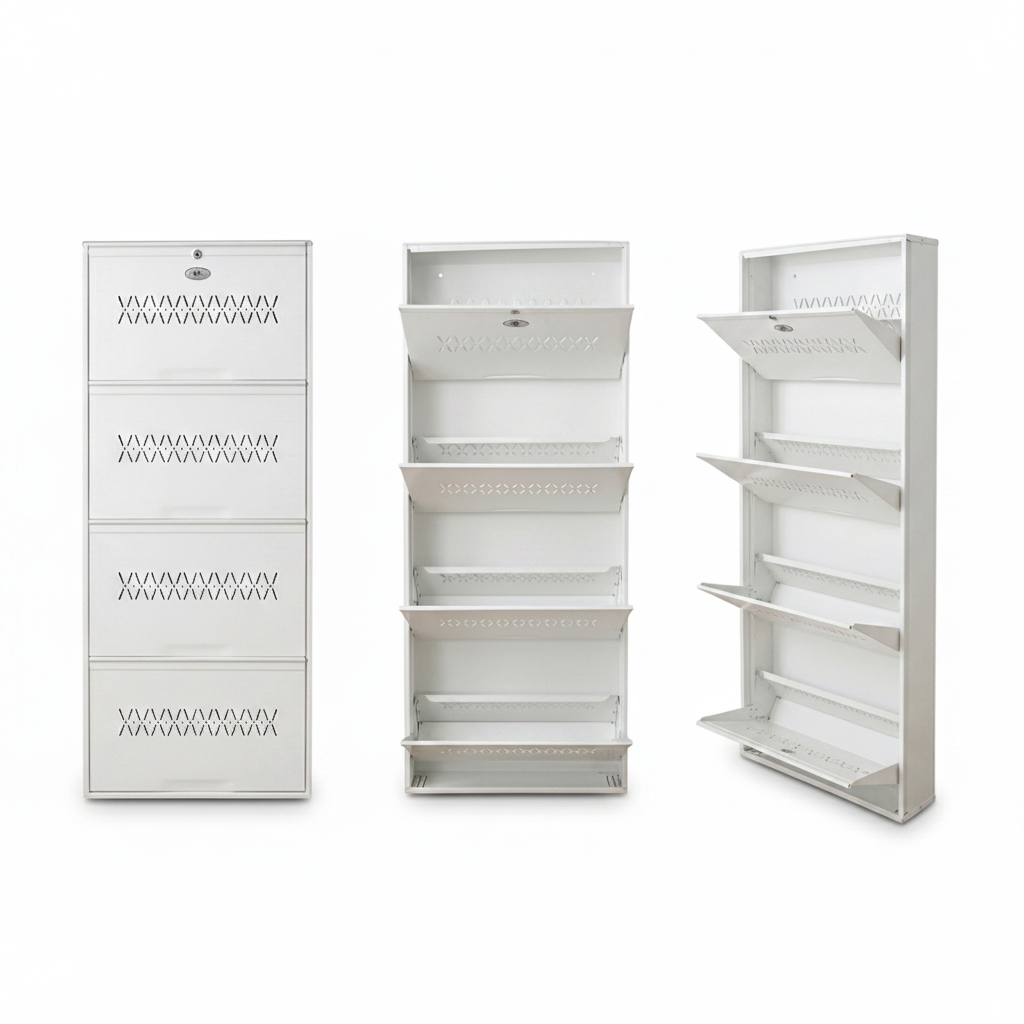 Shoe Cave 4-Door Metal Shoe Rack Cabinet | Full White | Lockable Shoe Organizer | Space Saving Shoe Storage Cabinet | Stores 12-16 Pairs