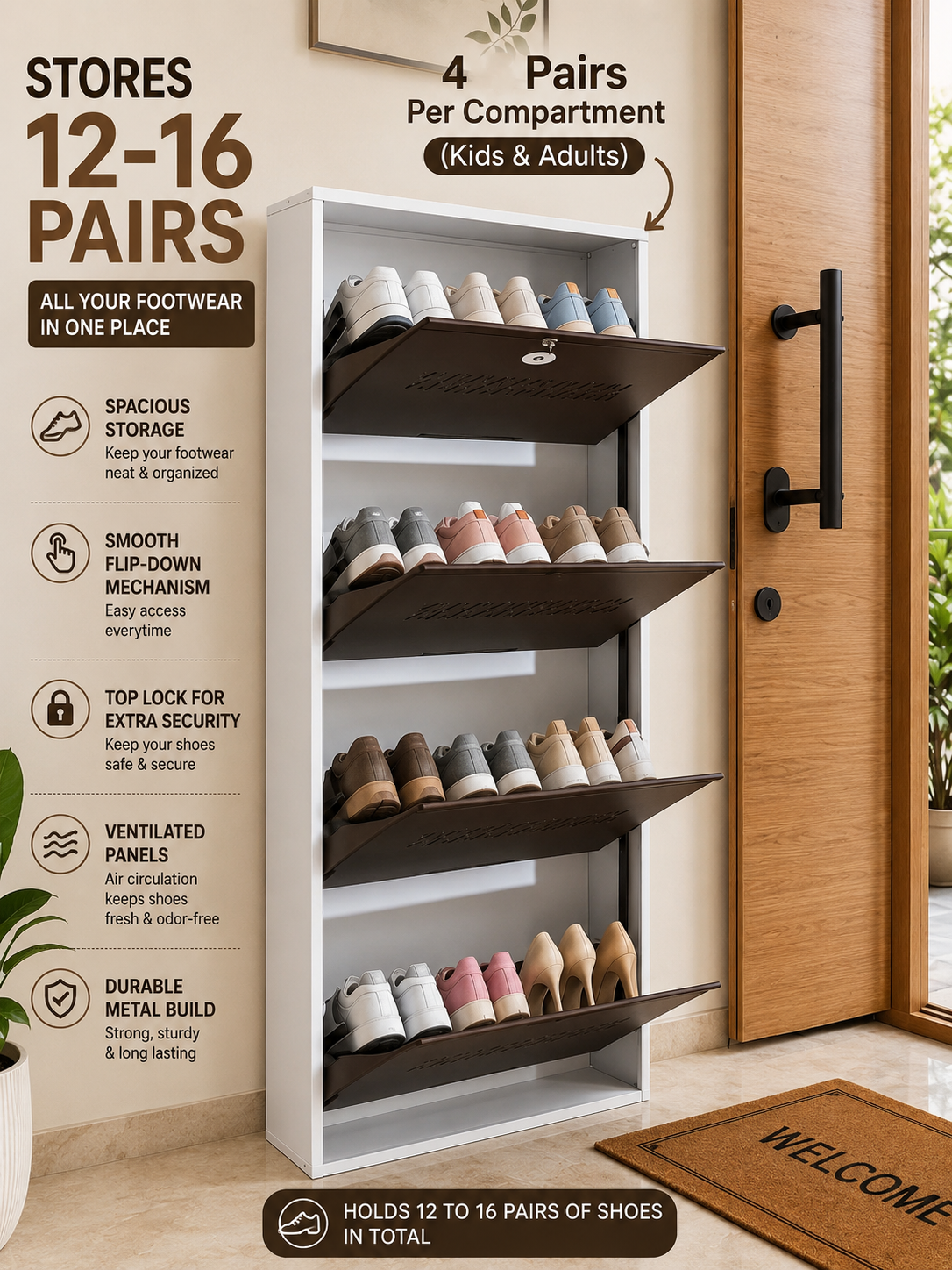 Shoe Cave 4-Door Metal Shoe Rack Cabinet | Black & White | Lockable Shoe Organizer | Space Saving Shoe Storage Cabinet | Stores 12-16 Pairs