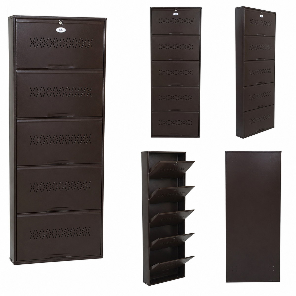 Shoe Cave 5-Door Metal Shoe Rack Cabinet | Coffee Brown | Lockable Shoe Organizer | Space Saving Shoe Storage Cabinet | Stores 15-20 Pairs