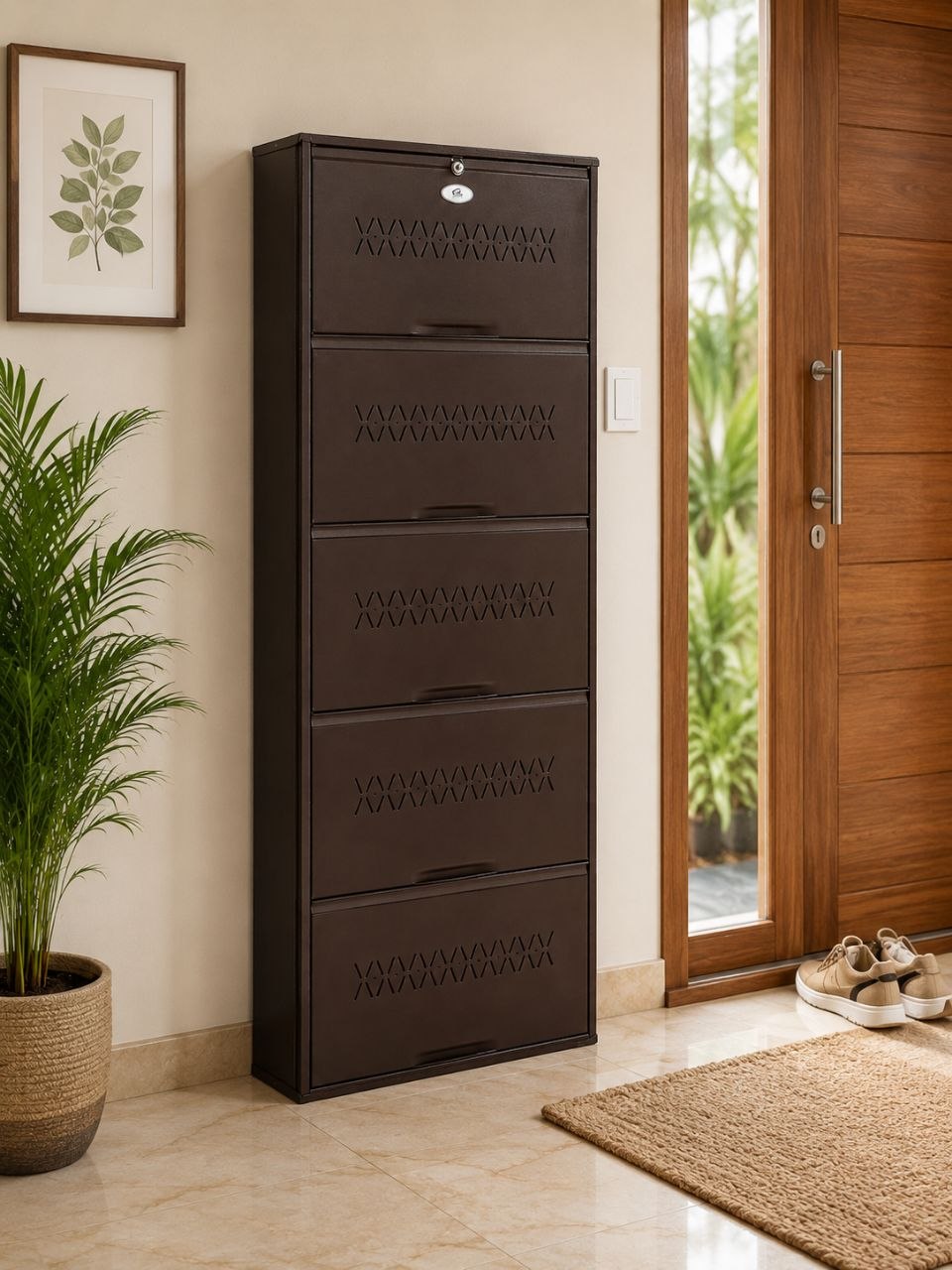 Shoe Cave 5-Door Metal Shoe Rack Cabinet | Coffee Brown | Lockable Shoe Organizer | Space Saving Shoe Storage Cabinet | Stores 15-20 Pairs