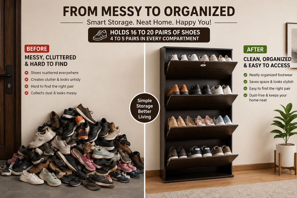 Shoe Cave 4-Door Metal Shoe Rack Cabinet | Coffee Brown | Lockable Shoe Organizer | Space Saving Shoe Storage Cabinet | Stores 12-16 Pairs
