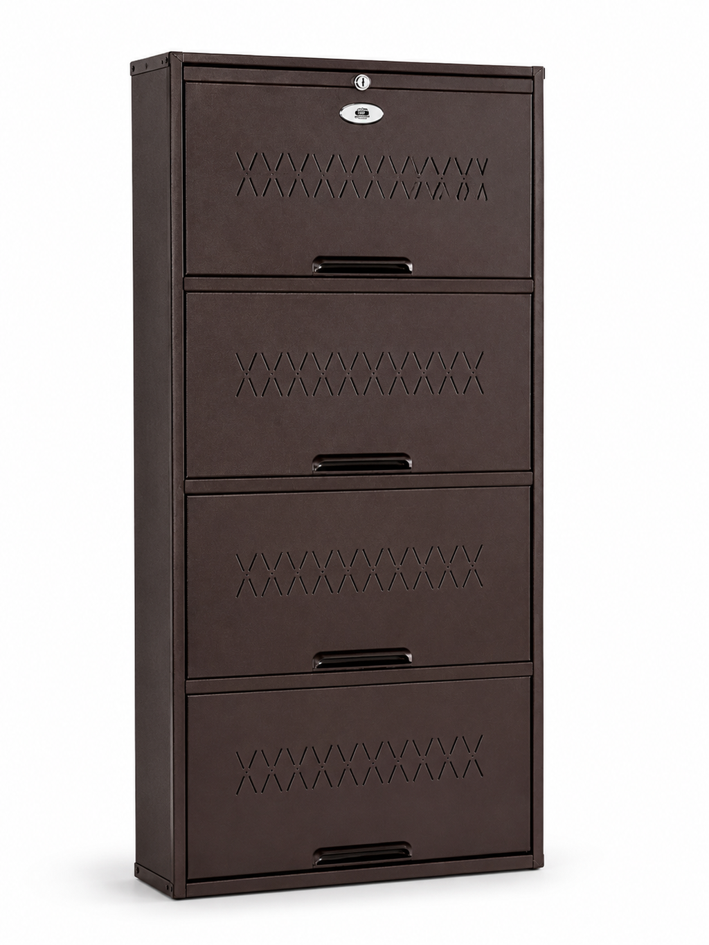 Shoe Cave 4-Door Metal Shoe Rack Cabinet | Coffee Brown | Lockable Shoe Organizer | Space Saving Shoe Storage Cabinet | Stores 12-16 Pairs