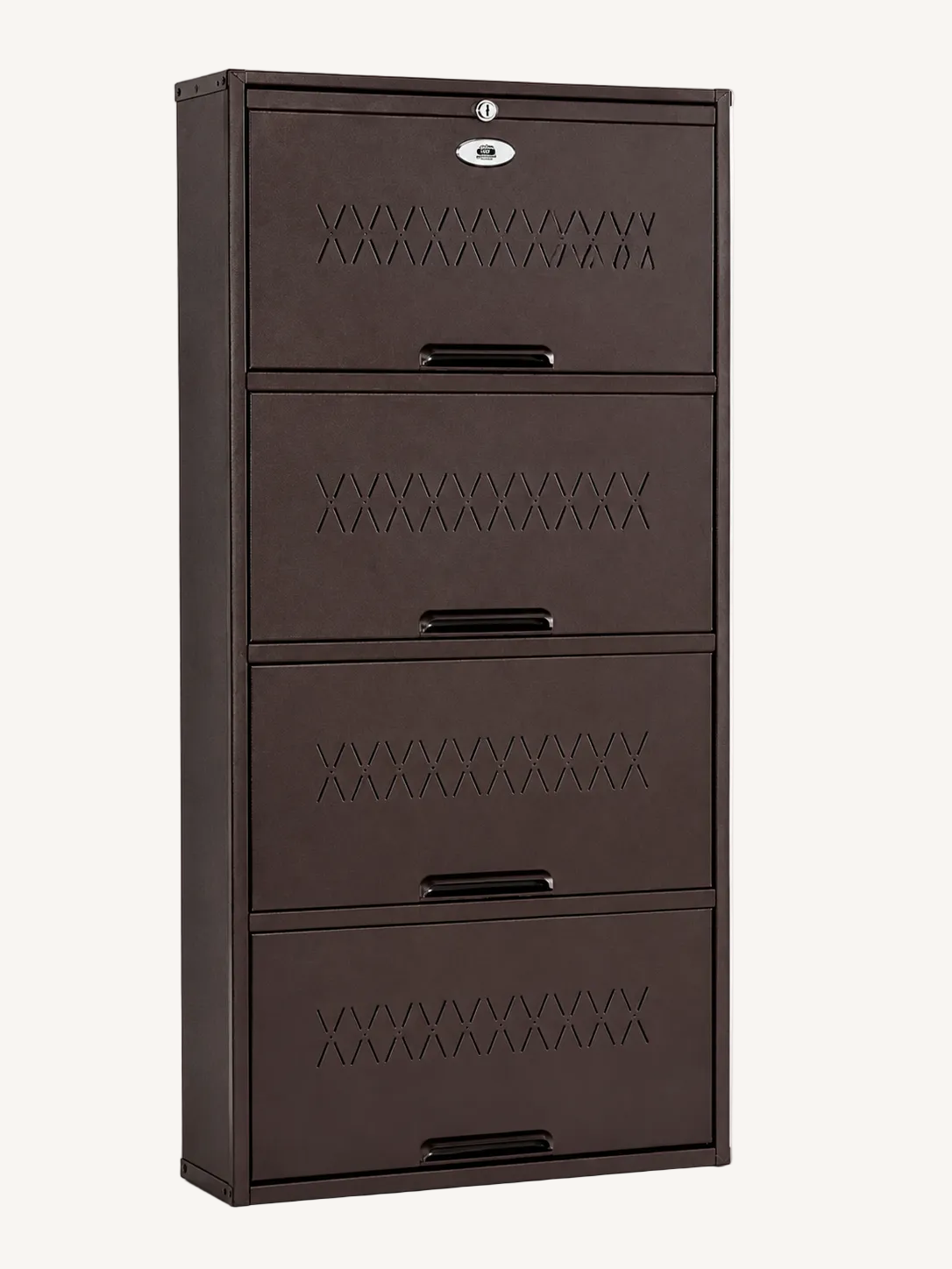 Shoe Cave 4-Door Metal Shoe Rack Cabinet – Coffee Brown | Lockable Shoe Organizer | Space Saving Shoe Storage Cabinet | Stores 12-16 Pairs