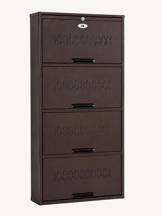 Shoe Cave 4-Door Metal Shoe Rack Cabinet – Coffee Brown | Lockable Shoe Organizer | Space Saving Shoe Storage Cabinet | Stores 12-16 Pairs