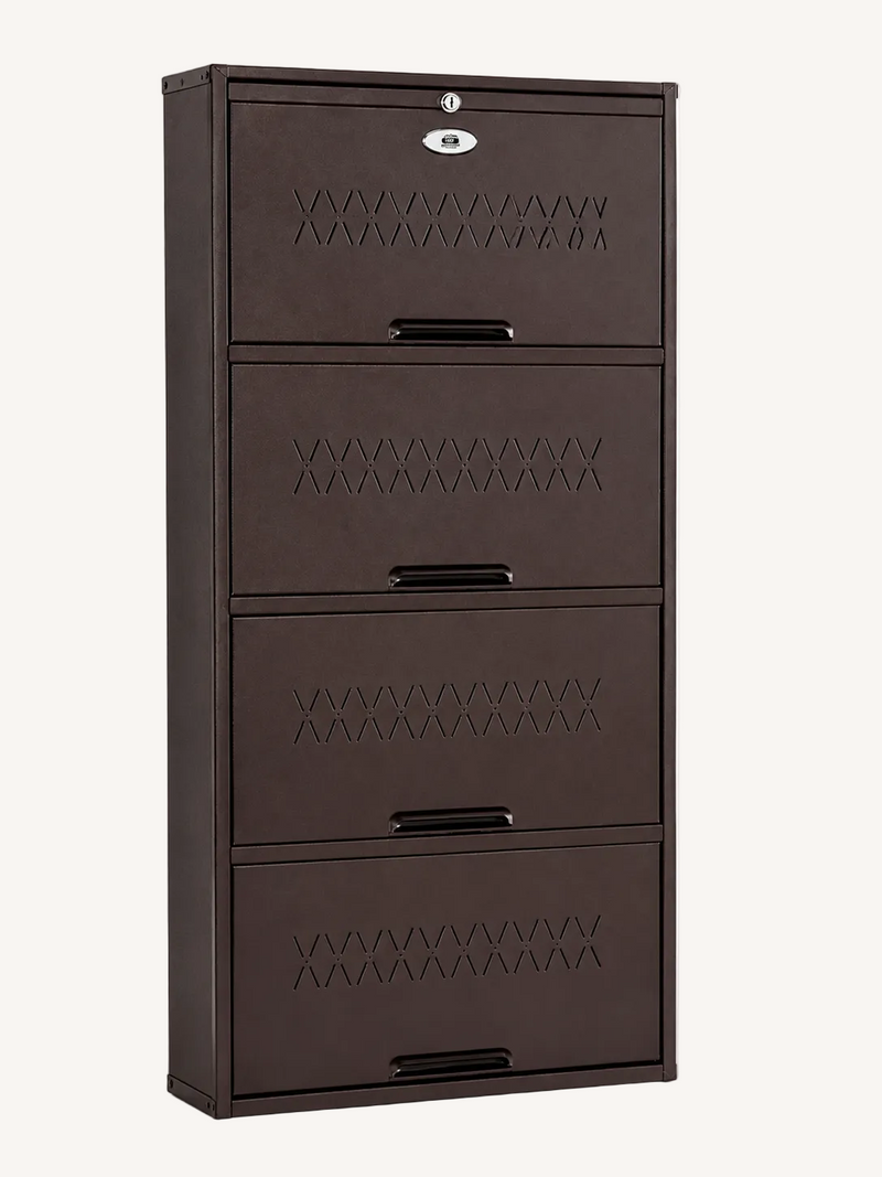 Shoe Cave 4-Door Metal Shoe Rack Cabinet – Coffee Brown | Lockable Shoe Organizer | Space Saving Shoe Storage Cabinet | Stores 12-16 Pairs