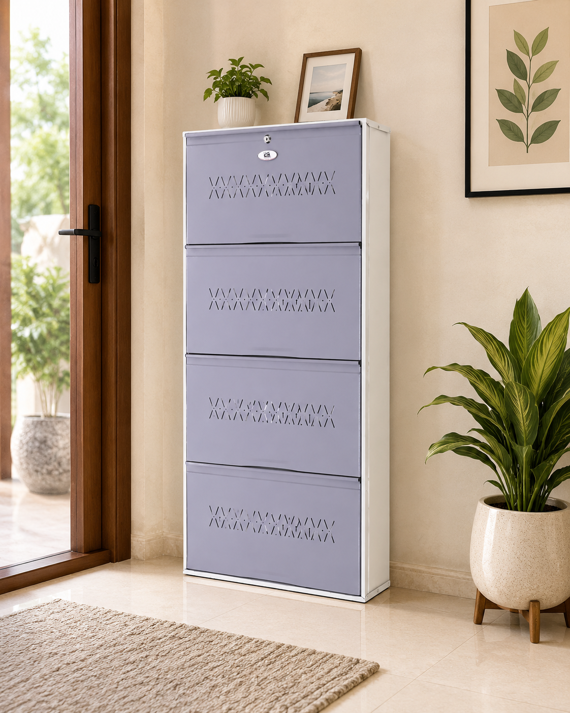Shoe Cave 4-Door Metal Shoe Rack Cabinet | Grey & White | Lockable Shoe Organizer | Space Saving Shoe Storage Cabinet | Stores 12-16 Pairs