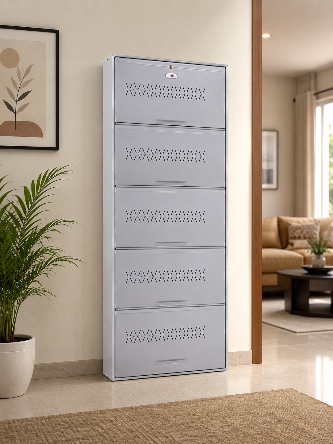 Shoe Cave 5-Door Metal Shoe Rack Cabinet | Grey & White | Lockable Shoe Organizer | Space Saving Shoe Storage Cabinet | Stores 15-20 Pairs