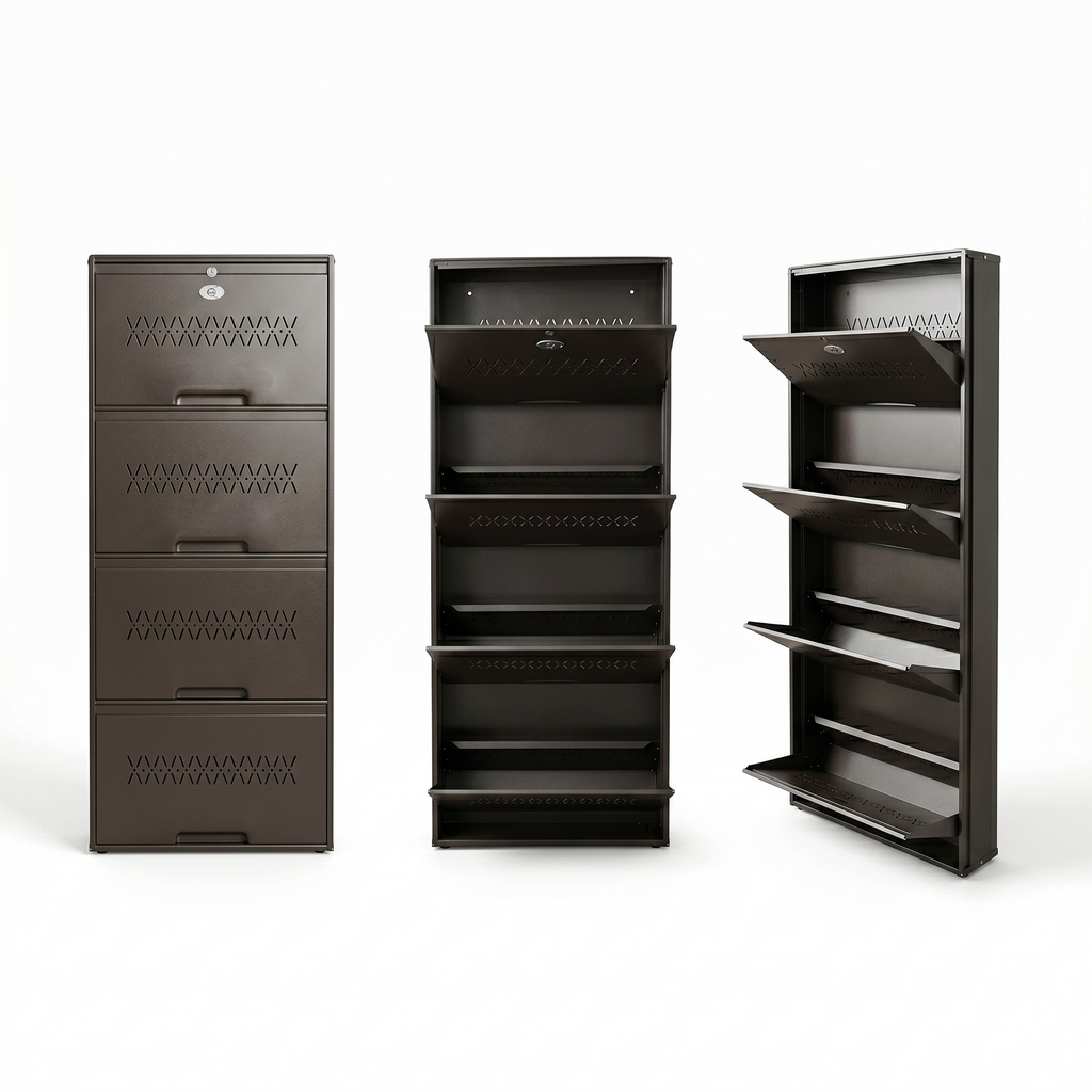 Shoe Cave 4-Door Metal Shoe Rack Cabinet | Coffee Brown | Lockable Shoe Organizer | Space Saving Shoe Storage Cabinet | Stores 12-16 Pairs