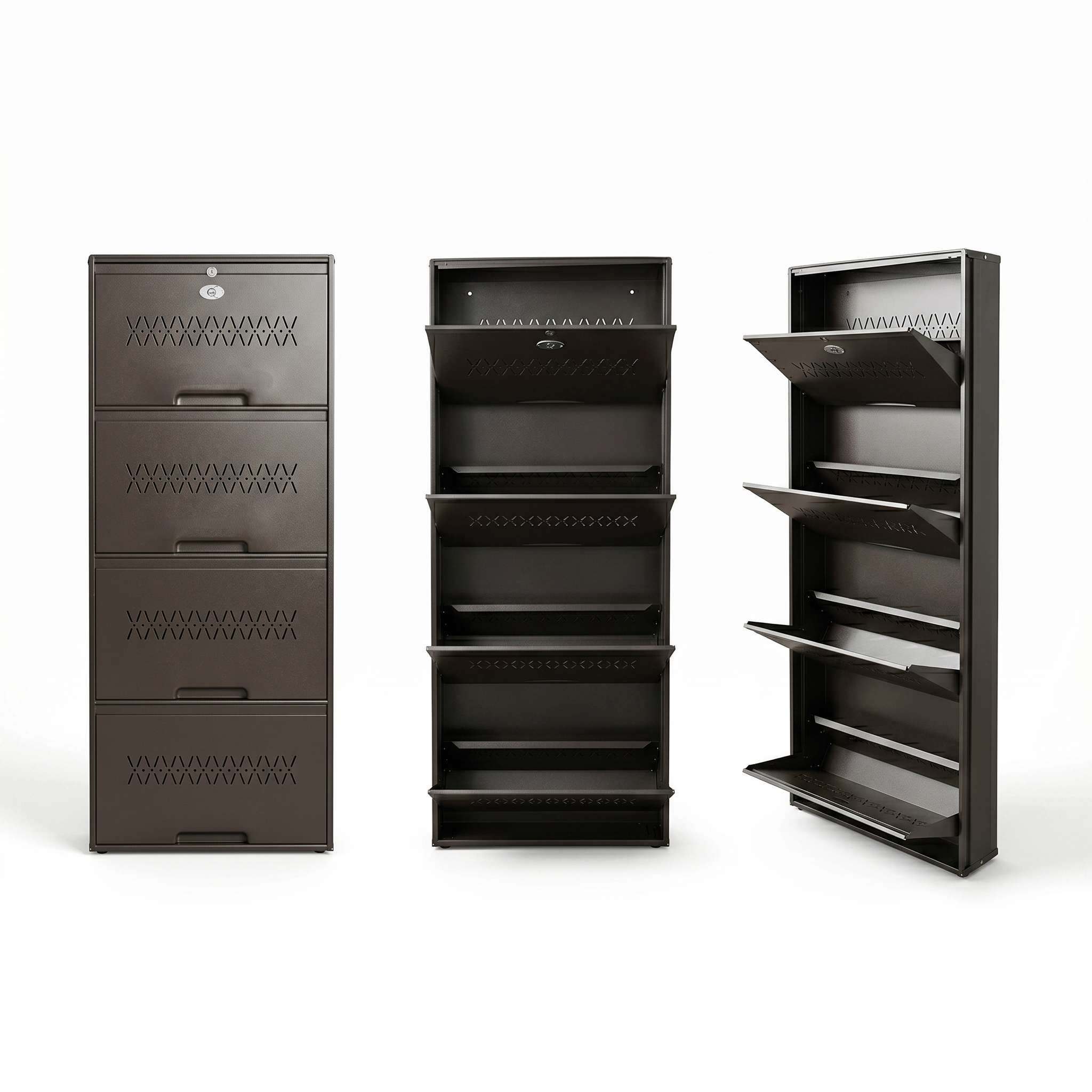 Shoe Cave 4-Door Metal Shoe Rack Cabinet | Coffee Brown | Lockable Shoe Organizer | Space Saving Shoe Storage Cabinet | Stores 12-16 Pairs