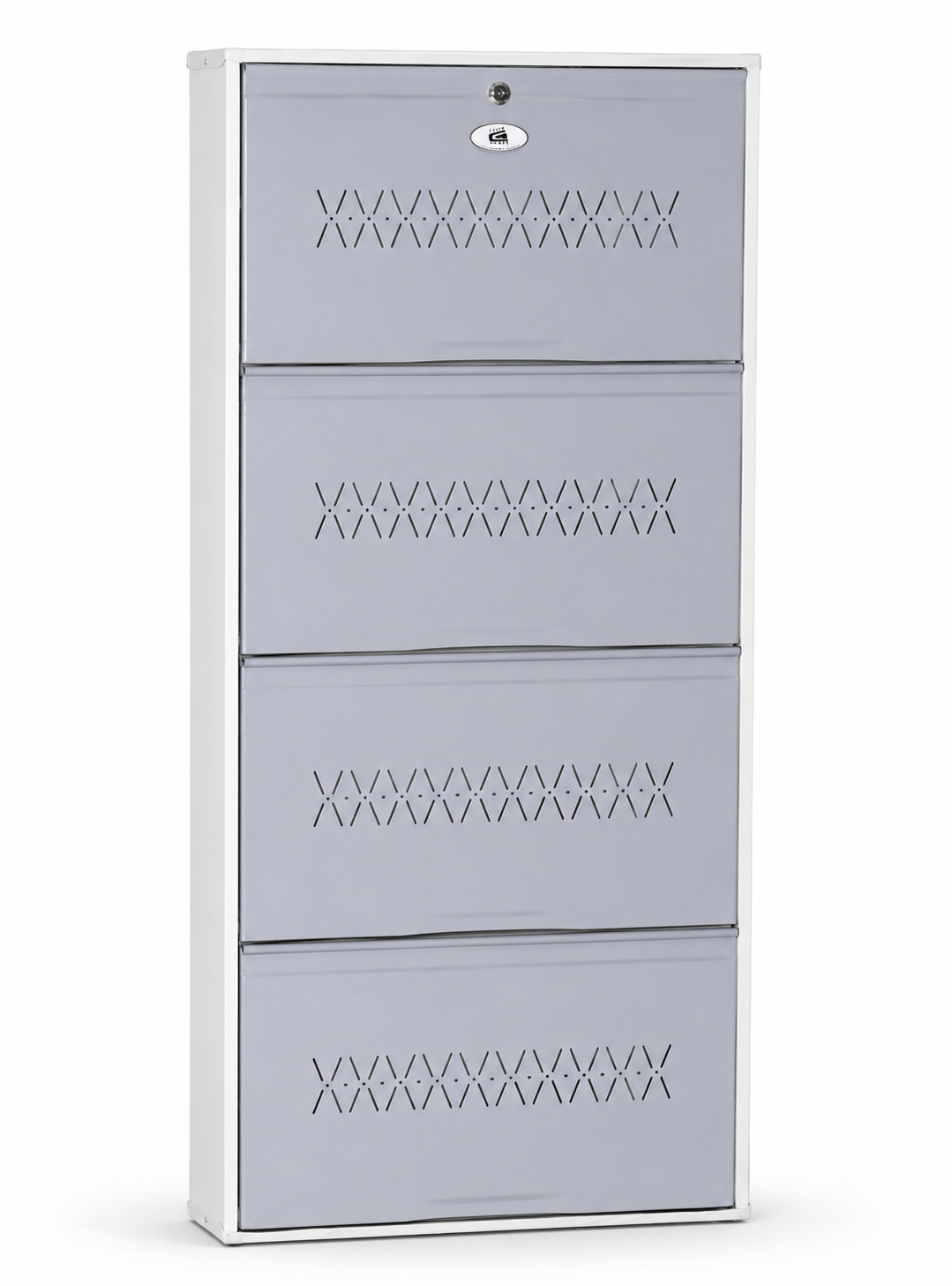 Shoe Cave 4-Door Metal Shoe Rack Cabinet | Grey & White | Lockable Shoe Organizer | Space Saving Shoe Storage Cabinet | Stores 12-16 Pairs