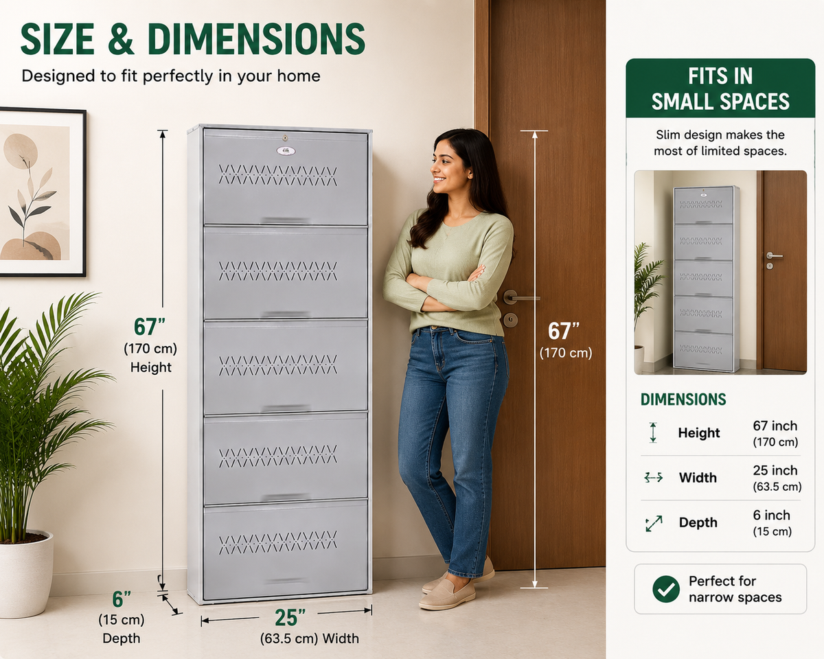 Shoe Cave 5-Door Metal Shoe Rack Cabinet | Grey & White | Lockable Shoe Organizer | Space Saving Shoe Storage Cabinet | Stores 15-20 Pairs